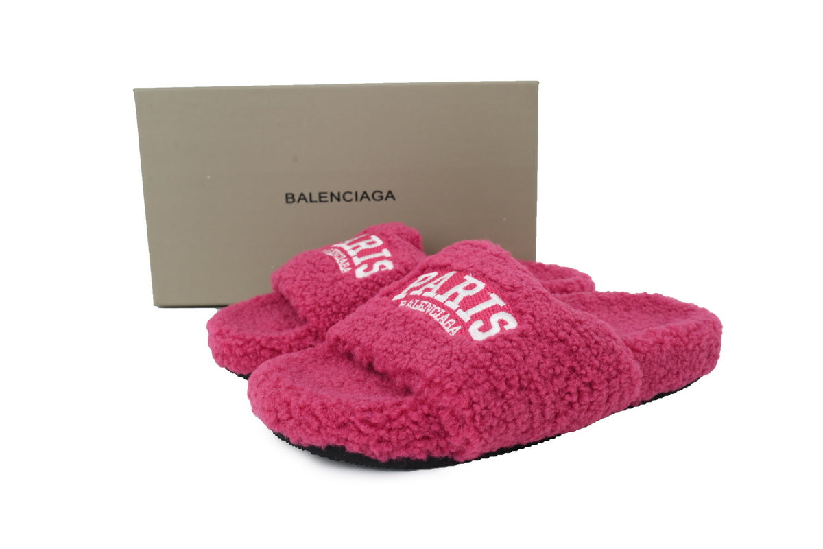 Balenciaga PARIS Label Furry Slides Pink