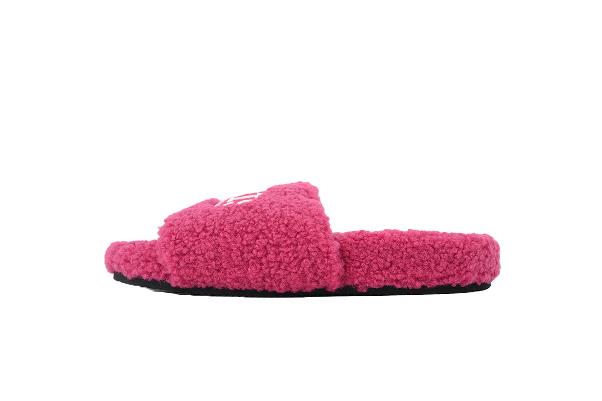 Balenciaga PARIS Label Furry Slides Pink